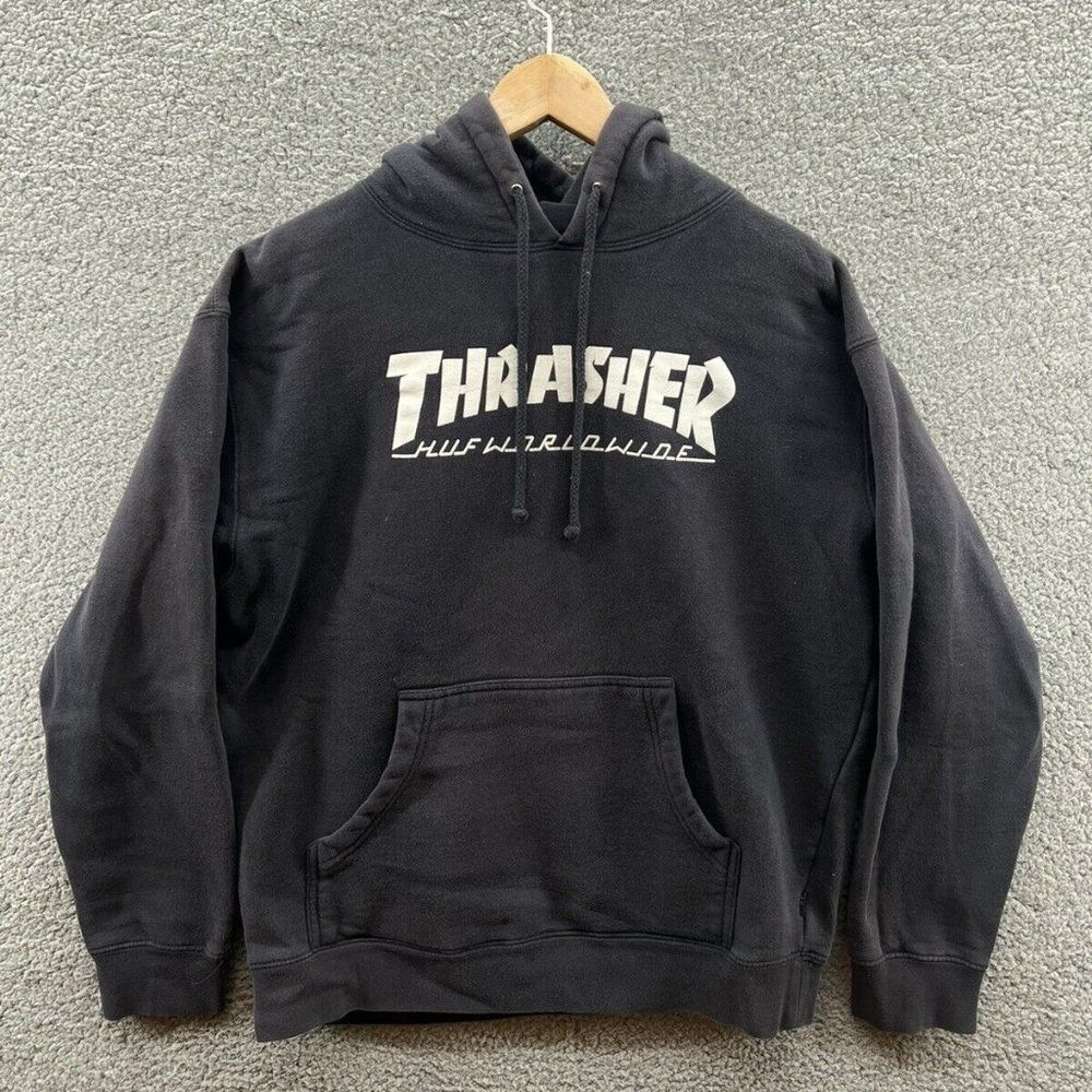 Thrasher X HUF Worldwide Skate Black Hoodie Rare Men’s Size Medium